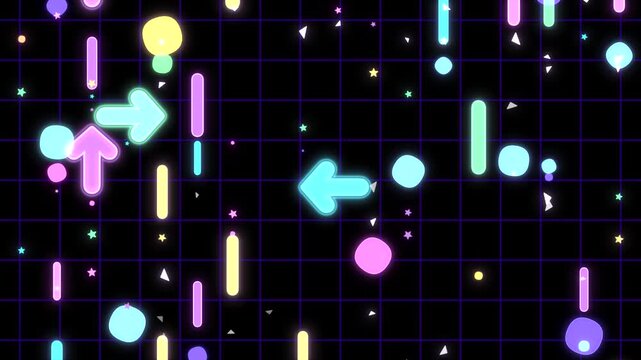 Colorful neon arrows, circles, rounded lines, and stars flying up against black grid background animation. (loop)