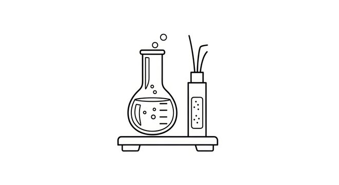 Laboratory flask with bubbling liquid and diffuser with reeds on a stand, minimalist line art icon