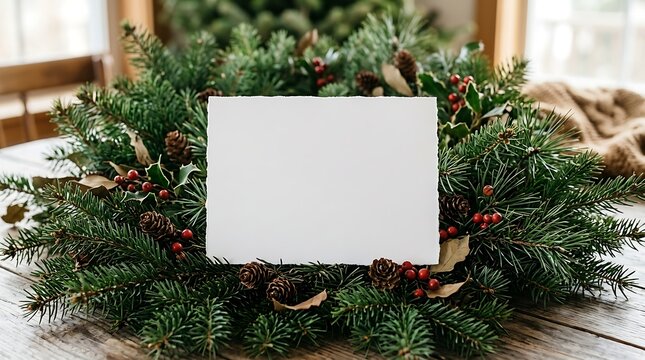 Blank paper card placed on a festive christmas wreath with pine needles and berries on a wooden table