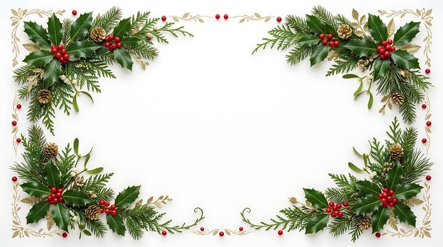 Christmas border frame made of fresh holly pine branches and berries on a white background