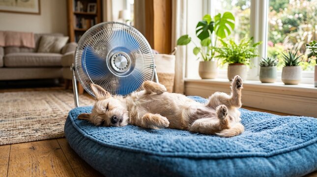 Small tan terrier mix dog sleeping peacefully on a comfortable blue plush pet bed while cooling down in front of a rotating electric metal fan