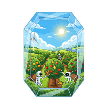Robots harvesting fruit in futuristic eco-friendly orchard with solar panels and wind turbine