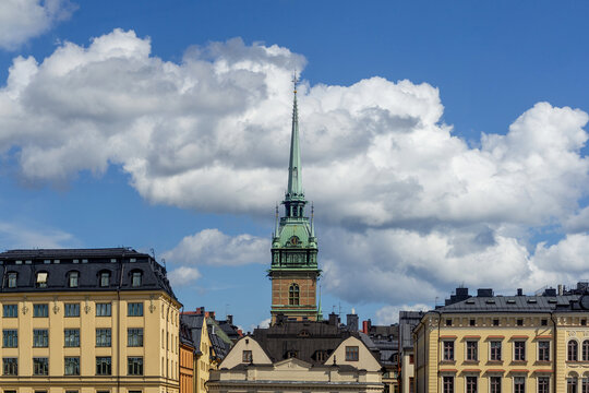 Stockholm German Church spire rising above Gamla Stan buildings