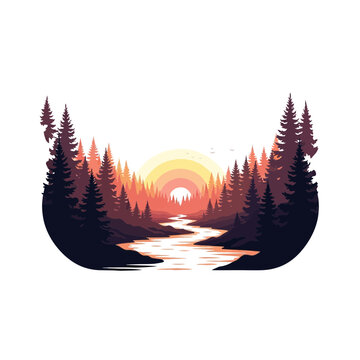 Serene Forest River Landscape at Sunset, Vector Illustration