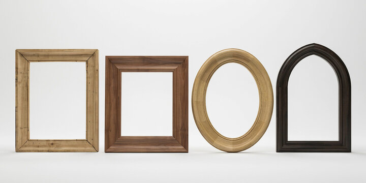 Set of four empty frames with different shapes on a white background