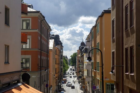 Stockholm city street with colorful Scandinavian buildings and traffic