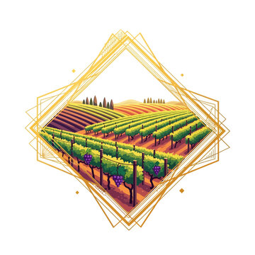 Vineyard Landscape with Grapes and Geometric Frame