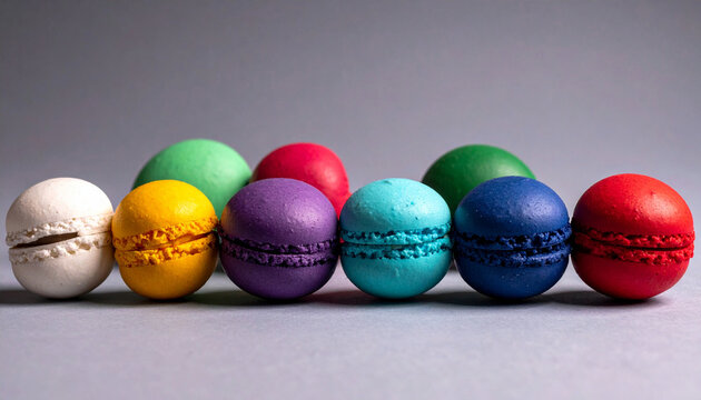 Alignment of colorful French macaron cookies displayed in a straight row on a neutral gray background, highlighting bright rainbow pastel shades and crisp sweet pastry textures in side light.