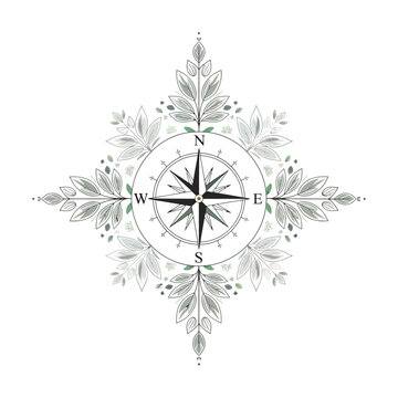 Vintage Compass Rose with Leafy Ornate Border, Isolated