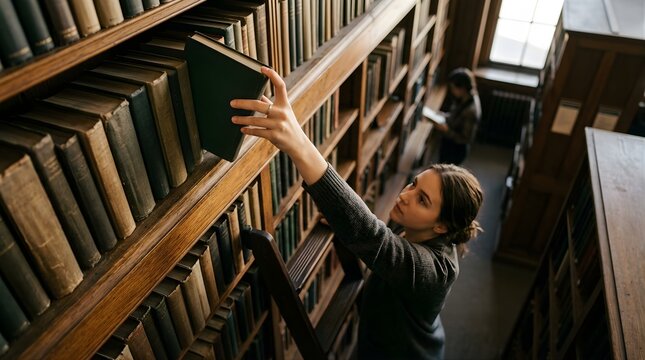Woman reaching for a vintage book on a high library wooden shelf