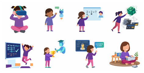 Fototapeta premium Little girls using virtual reality headsets and digital tools for online learning and virtual classroom education