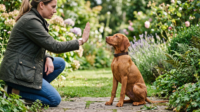 Owner gives hand signal, dog sitting calmly for effective dog training outdoors. Woman guides loyal Vizsla dog, reinforcing fundamental dog training commands. Visual for pet behavior resources.