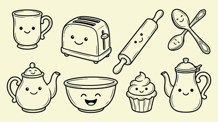 Obraz premium dorable Hand Drawn Cartoon Objects Collection Kitchen Gardening Travel Workspace Picnic Line Vector