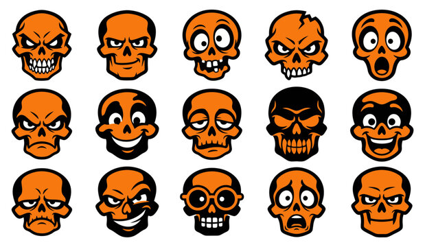 A collection of diverse orange and black halloween skull vector illustration designs featuring various funny and scary facial expressions for holiday projects