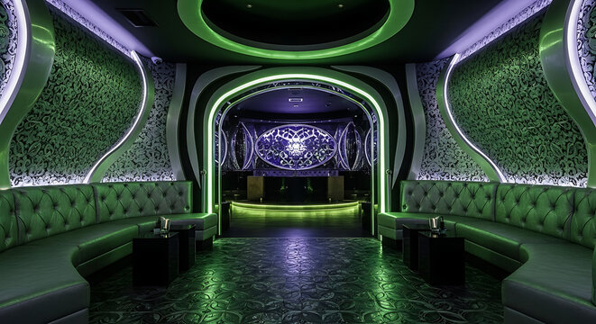 Modern futuristic lounge interior featuring neon green lighting and elegant tufted leather seating