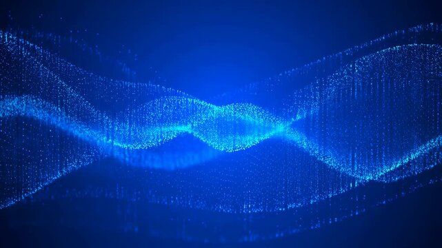 Blue glowing particles flow smoothly to form undulating wave patterns across a dark blue gradient background. Atmospheric backdrop shaped by digital data flow and energy waves.