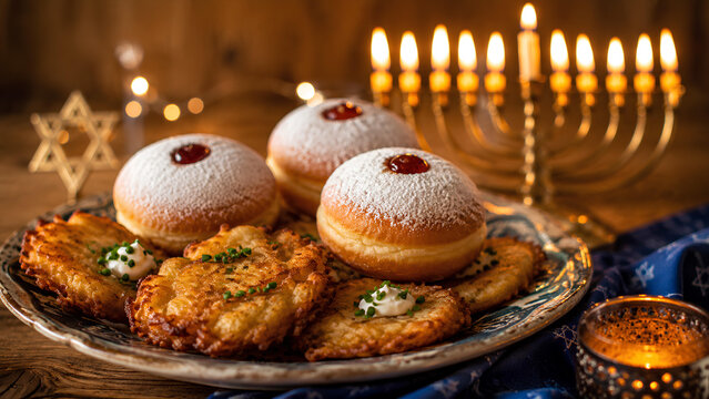 Traditional Hanukkah feast with jelly sufganiyot donuts and crispy potato latkes on plate with glowing menorah in warm background