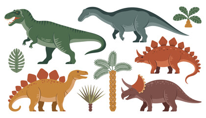 Prehistoric Dinosaur Vector Character Set with Tyrannosaurus Stegosaurus Triceratops and Palm Trees for Wildlife Graphic Designs © Rownok