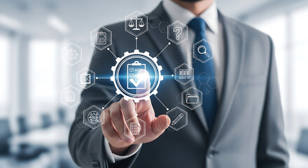 Obraz premium Business man touching digital interface with workflow icons for project management and efficiency