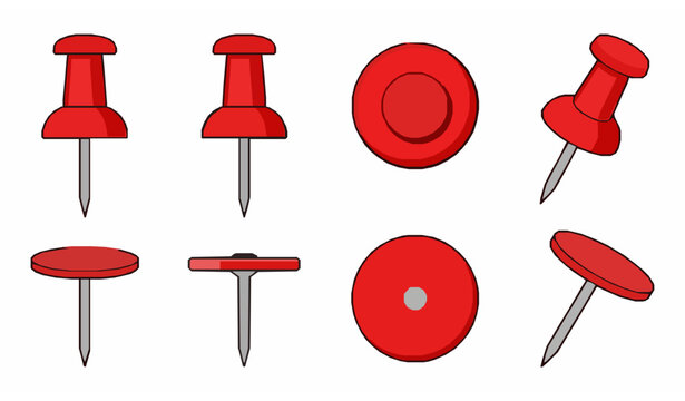 Red Thumbtack Push Pin Set Different Angles Vector Illustration