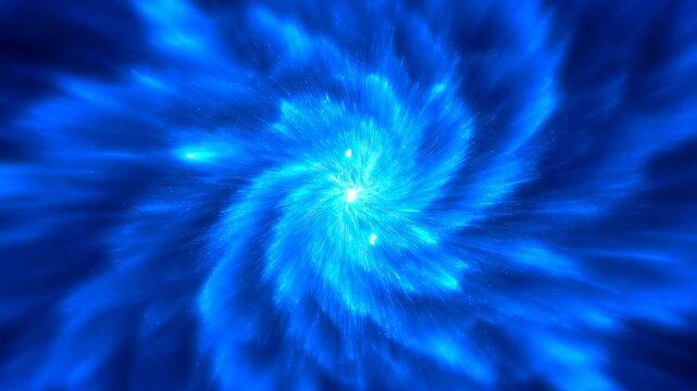 Bright blue particle vortex swirls and rotates around a central light source on a dark background. Layered blue and white tones enhance movement and depth.