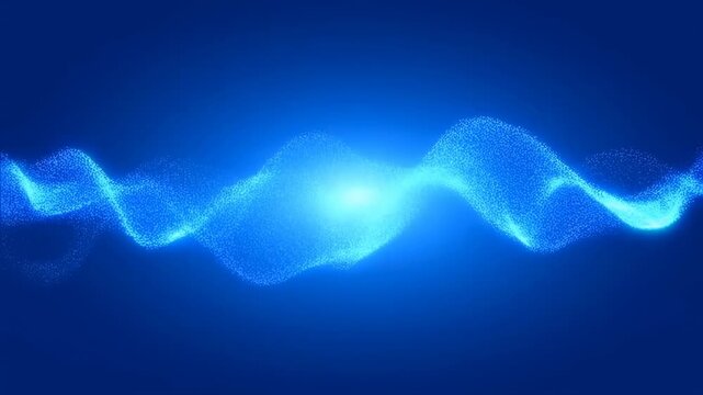 Blue glowing particles flow and oscillate in a smooth wave pattern across a dark blue gradient background. Flowing lines and layered movement form a vivid digital atmosphere.