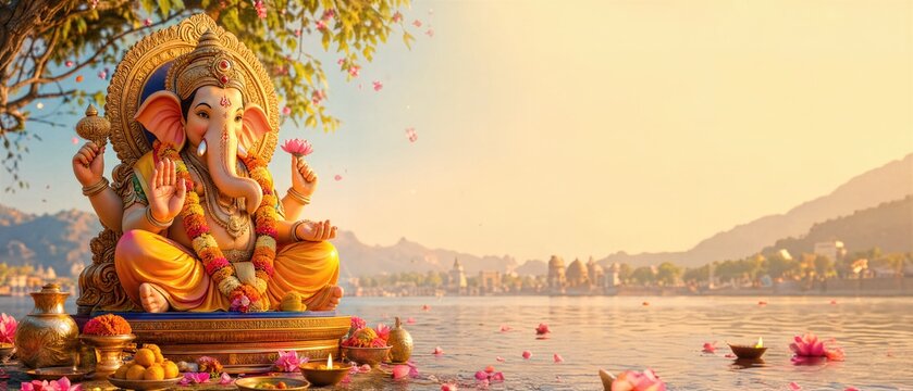 Statue of Hindu deity Ganesha sitting on a platform by a river during Ganesh Chaturthi. Religious festival celebration with flowers, offerings and golden light. Banner with copy space