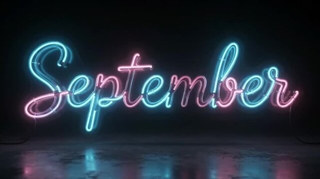 September neon sign typography glowing in blue and pink on a dark reflective surface