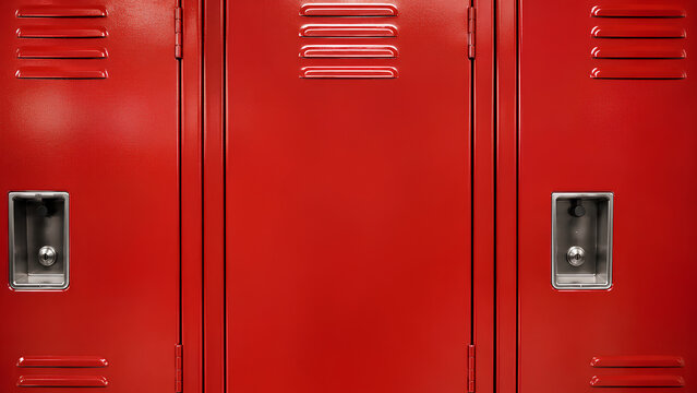 Bright red metal school and gym lockers front view background