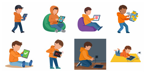 Fototapeta premium Boy Using Tablet and Phone Illustration Set: Screen Time, Addiction, Charging, and Online Safety Concepts