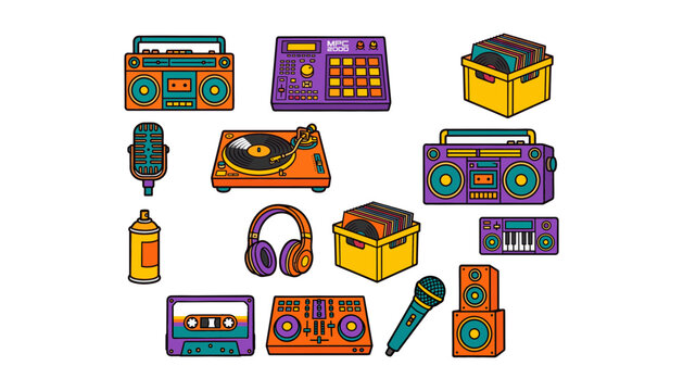 Set of colorful retro hip hop and music production equipment icons featuring boomboxes turntables microphones and vinyl records