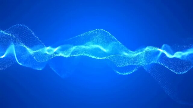 Blue glowing particles flow and oscillate in smooth wave patterns across a gradient background. Atmospheric motion backdrop featuring fluidity and energy flow.