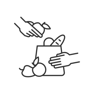 Grocery bagger linear icon. Packer. Putting groceries into shopping bag. Assisting cashier. Thin line customizable illustration. Contour symbol. Vector isolated outline drawing. Editable stroke