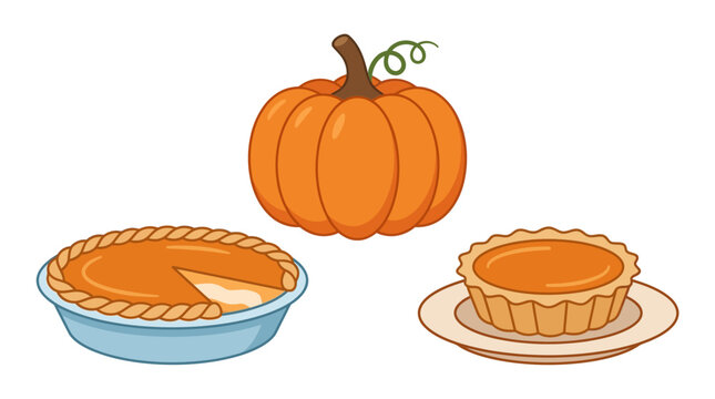 Stylized vector illustration of a whole orange pumpkin, a pumpkin pie with a slice missing in a blue dish, and a small pumpkin tart on a plate isolated on a white background.