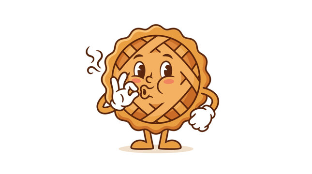 Vintage style cartoon pie mascot illustration with a lattice top crust, cheerful face, gloved hands making an OK gesture, and steam trails, isolated on a white background.