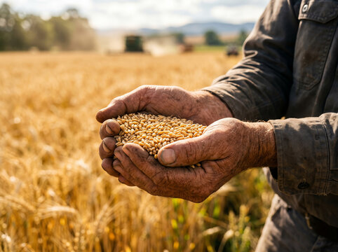 Farmer hands holding cupped handful of ripe golden wheat grain seeds