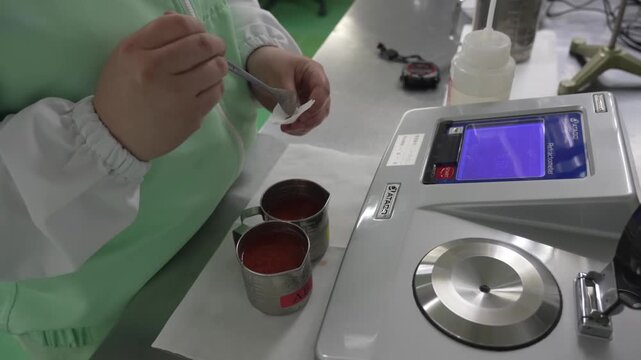 Laboratory technician places a stainless sample cup onto a digital analyzer to test tomato juice quality at the factory lab