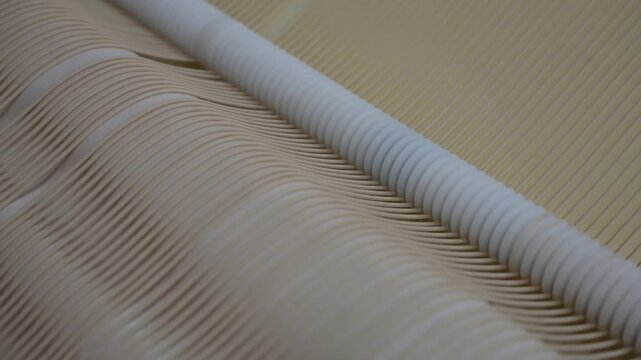 Grey cylindrical roller turning above rows of raw dough strands on a conveyor in a food plant