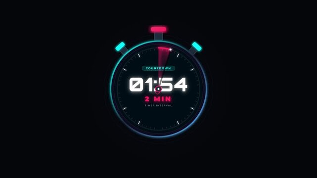 Digital 2 minute timer with neon glowing clock and countdown numbers
