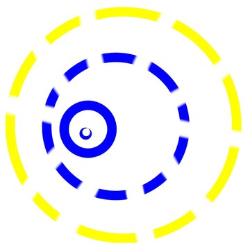 Abstract geometric concentric circles design with blue and yellow dashed lines.
