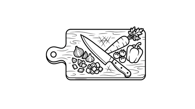 Chef knife resting on wooden cutting board surrounded by fresh chopped vegetables