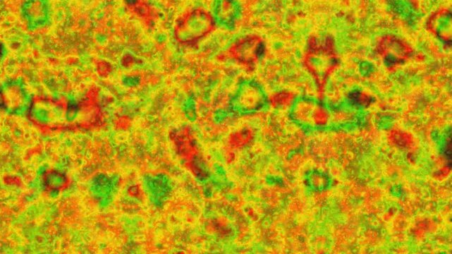 Vibrant loopable abstract background animation, glowing heat map pattern with intense green, yellow, and red neon colors