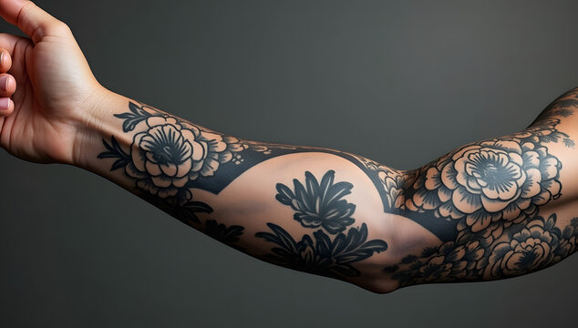 Intricate Full Sleeve Japanese Waves and Floral Pattern Tattoo Mockup on Arm