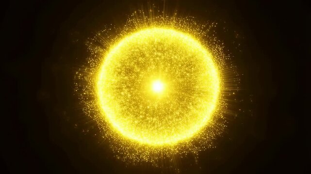 Bright yellow glowing sphere composed of radiating particles pulses subtly against a dark background. Radiating motion creates glowing light and atmospheric depth.
