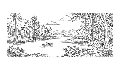 Fototapeta premium Savannah River Wilderness Riverside Landscape Coloring Book Vector Sketch