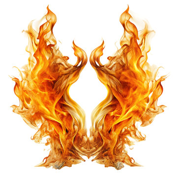 Symmetrical flames forming wing shapes artistic fire element isolated on transparent background