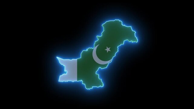 Pakistan map outline blue neon glow with national flag texter on black background alpha channel.  