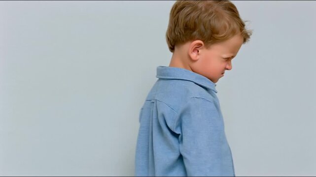 A young boy in a blue shirt stands with crossed arms, frowning and turning away in a display of stubborn anger.