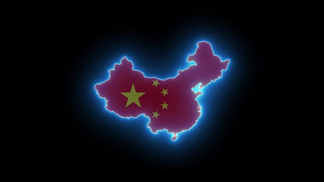 China maps outline blue neon glow with national flag texter on black background alpha channel.  