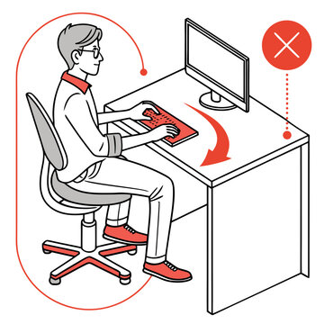 Man sitting incorrectly at office desk with bad posture showing wrong way to use computer